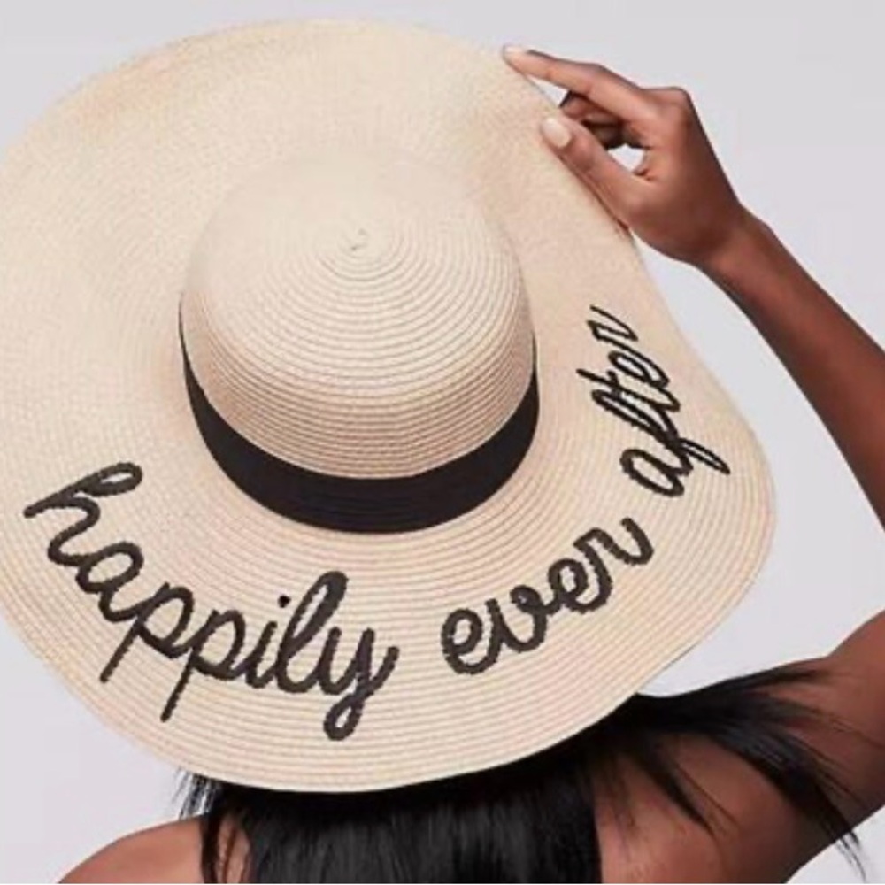 Mud Pie Bridal Honeymoon Natural Straw Hat Embroidered Happily Ever After Beach